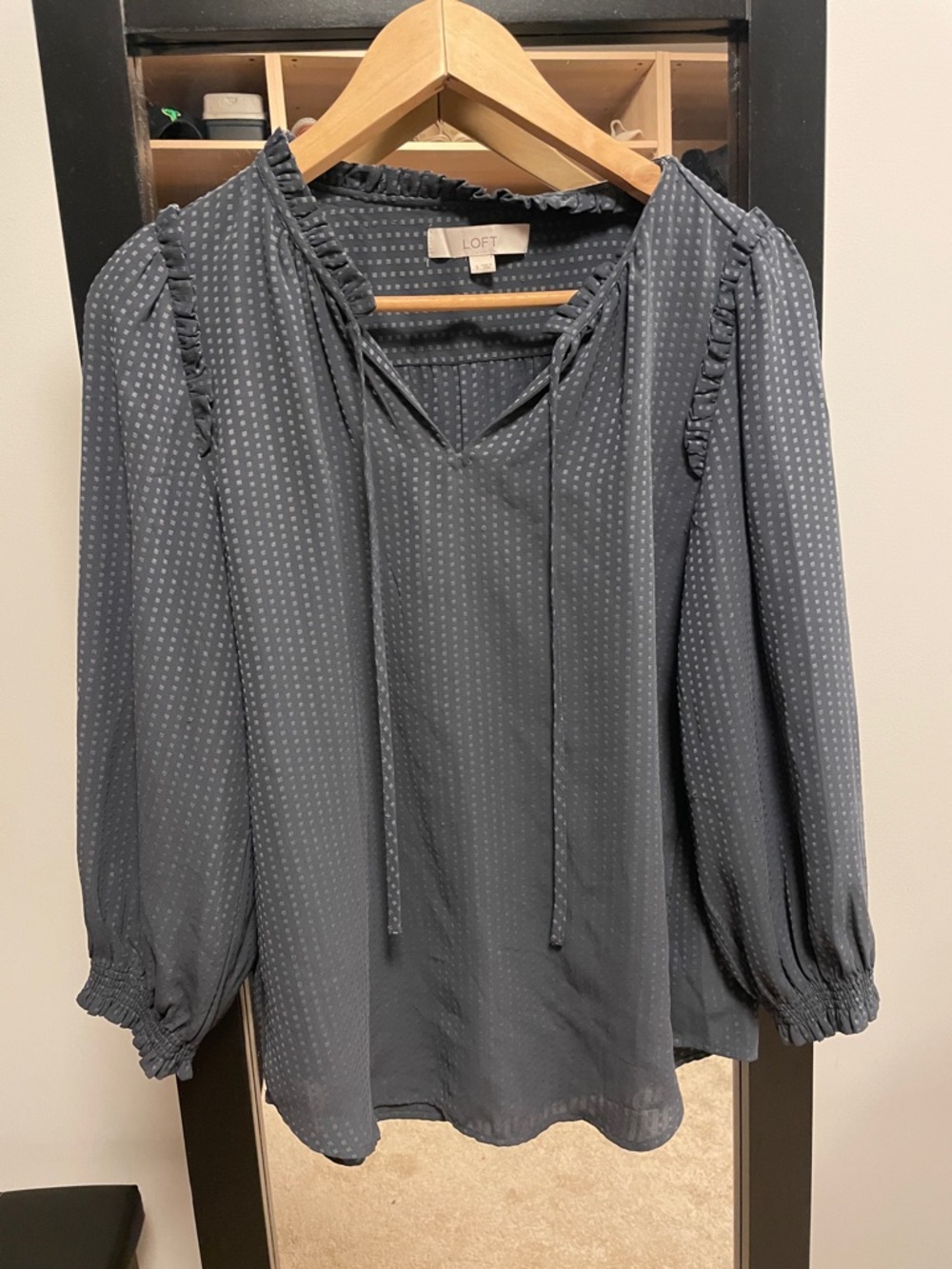 LOFT Slate Gray Tie-Neck Ruffle Peasant Blouse
